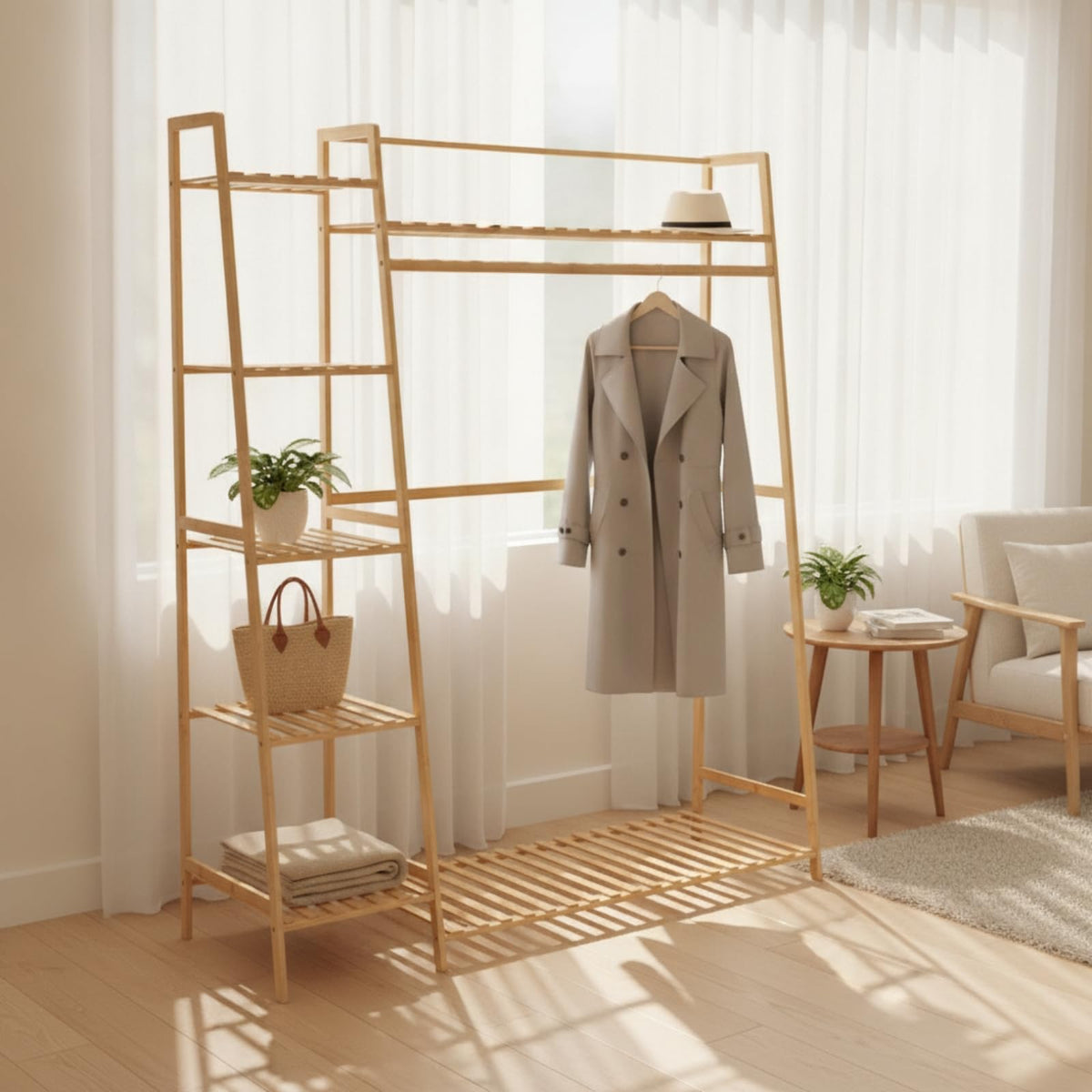 Fonowx Clothing Rack Bamboo Garment Organizer Wardrobe Stand Coat Hanger With Side Shelves And Bottom Slats For Space Saving Storage Suitable for bedroom entryway apartment
