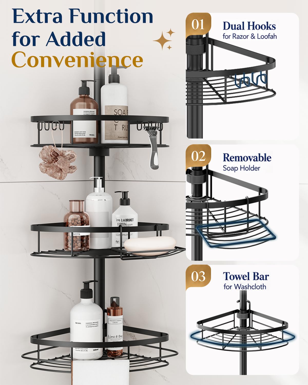 SEIRIONE Rustproof Corner Shower Caddy Tension Pole for Bathroom Organizers