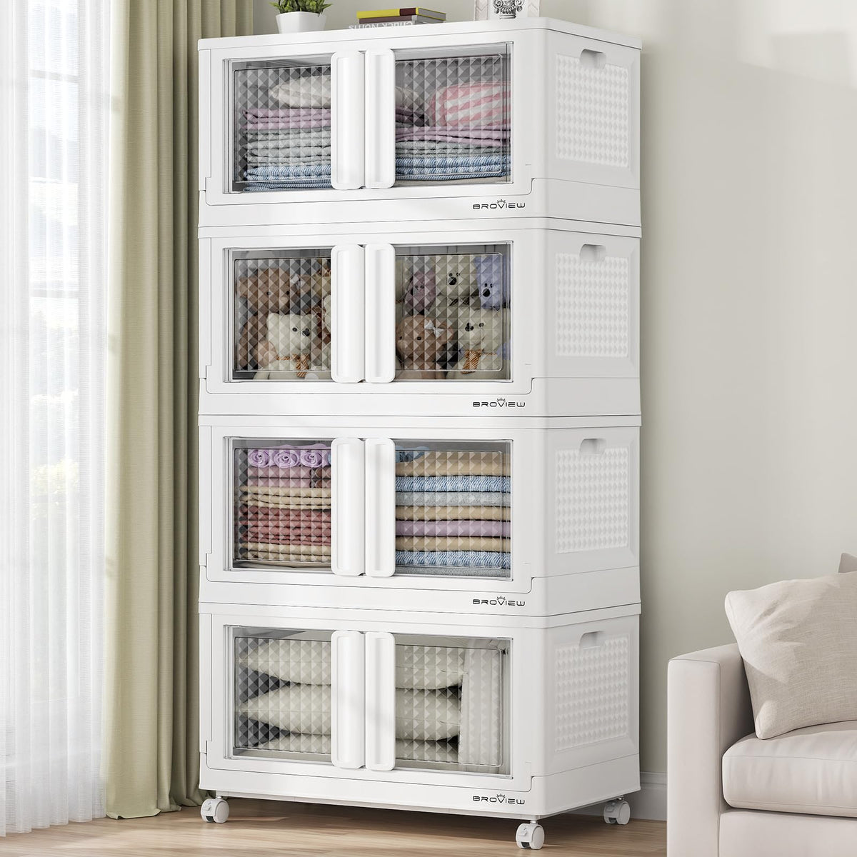 BROVIEW Stackable Collapsible Storage Bins with Lids & Doors
