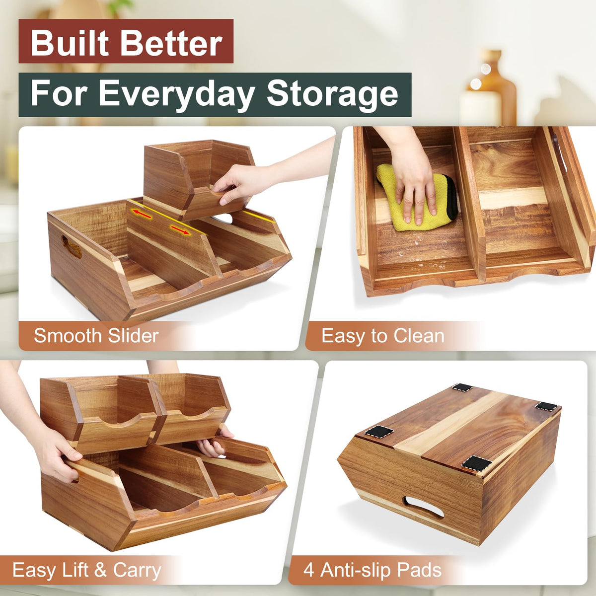 Happilif Acacia Wood Pantry Storage Bins, Stackable 3-piece set