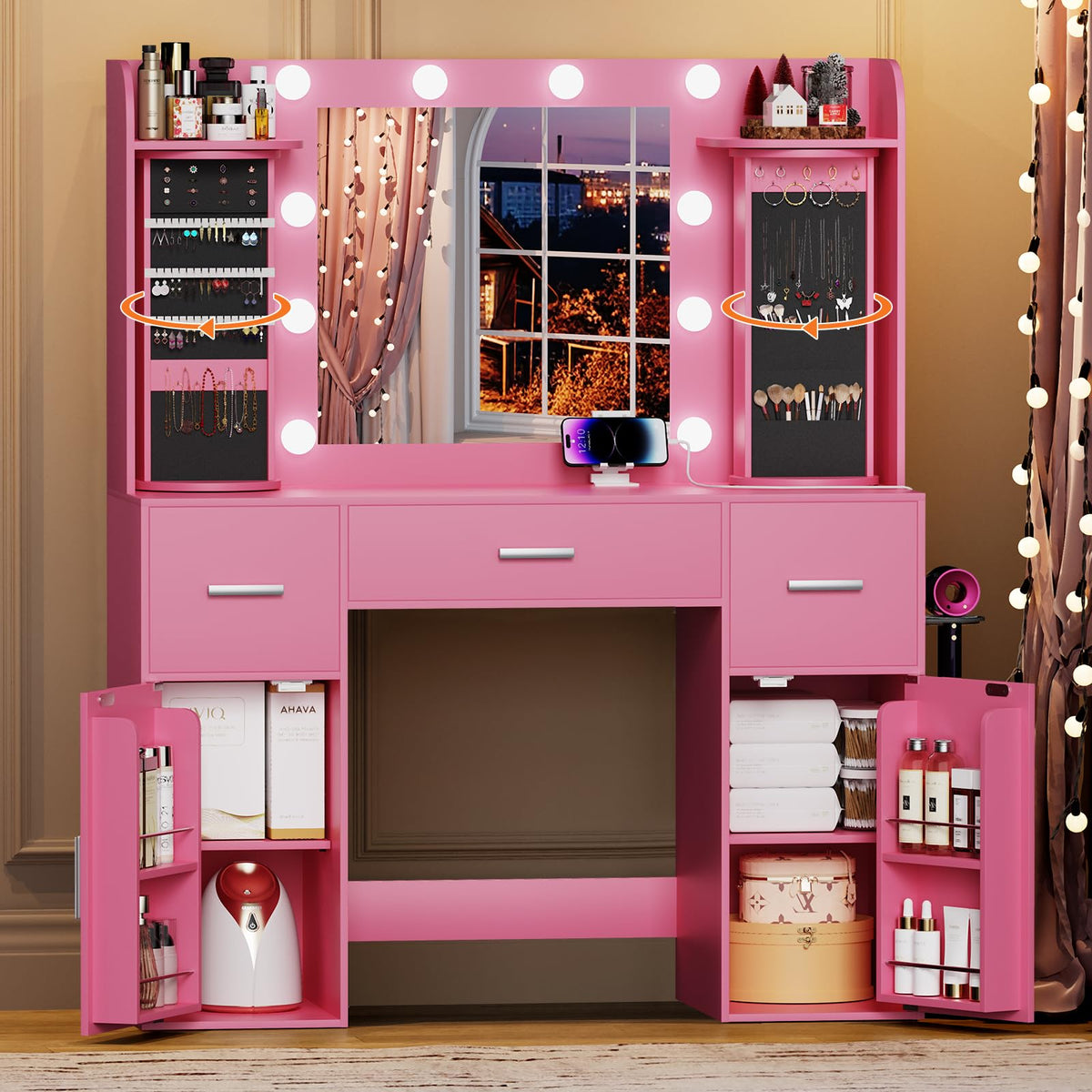 EasyCom Vanity Desk with Rotating Jewelry Organizers for Bedroom