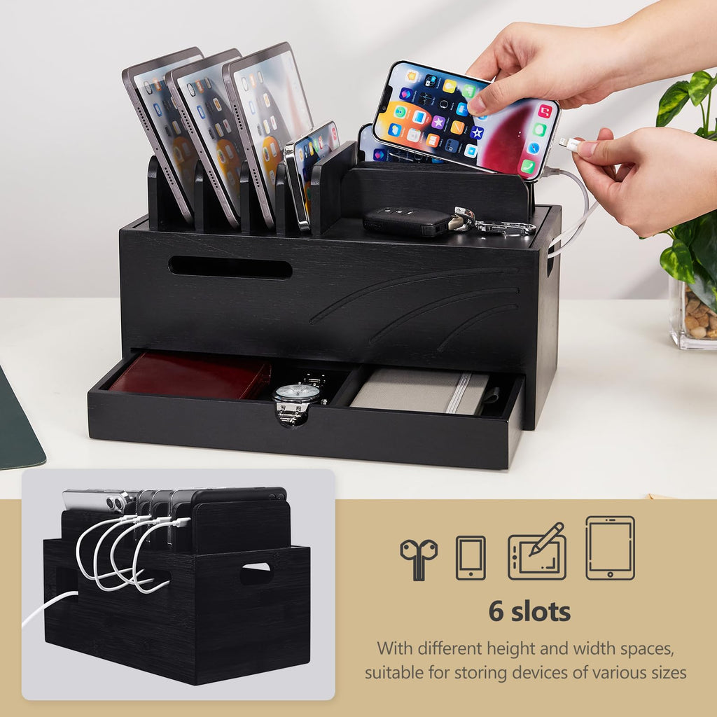 Homde Natural Bamboo Charging Station Rack for Multiple Devices Cable Cord Management Box Organizer Holder with 6 Slots Drawer for Chargers Phones Tablets Watches Electronics