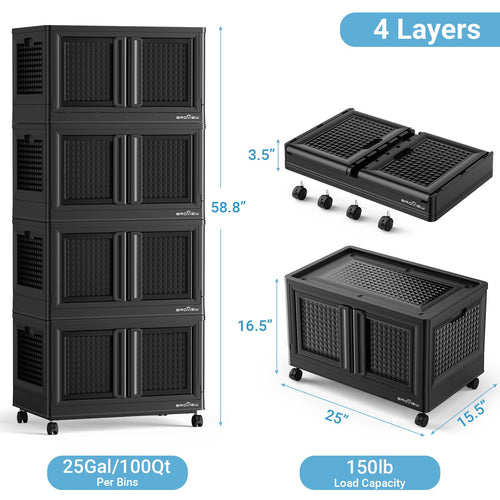 BROVIEW Stackable Storage Bins with Lids, Closet Organizers and Storage Drawer, Plastic Collapsible Storage Bins with Doors, Heavy Duty Store Box Cabinet for Home Kitchen
