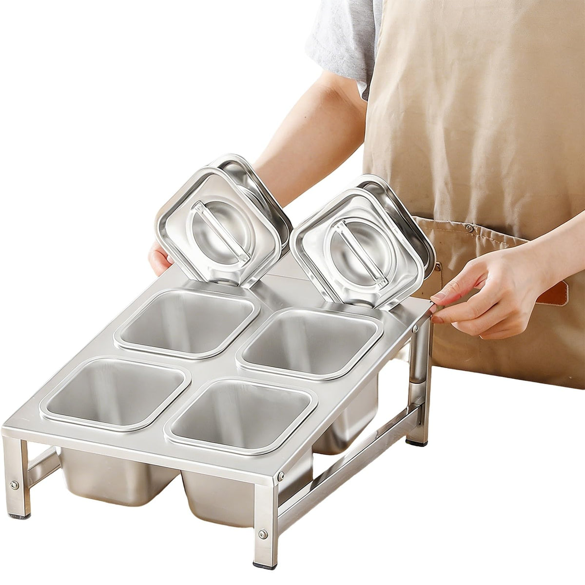 304 Stainless Steel Pizza Topping Station, 2-Tier Condiment Tray with Lids & Spoons, Kitchen Counter Organizer for Spices & Toppings, Restaurant & Home Use