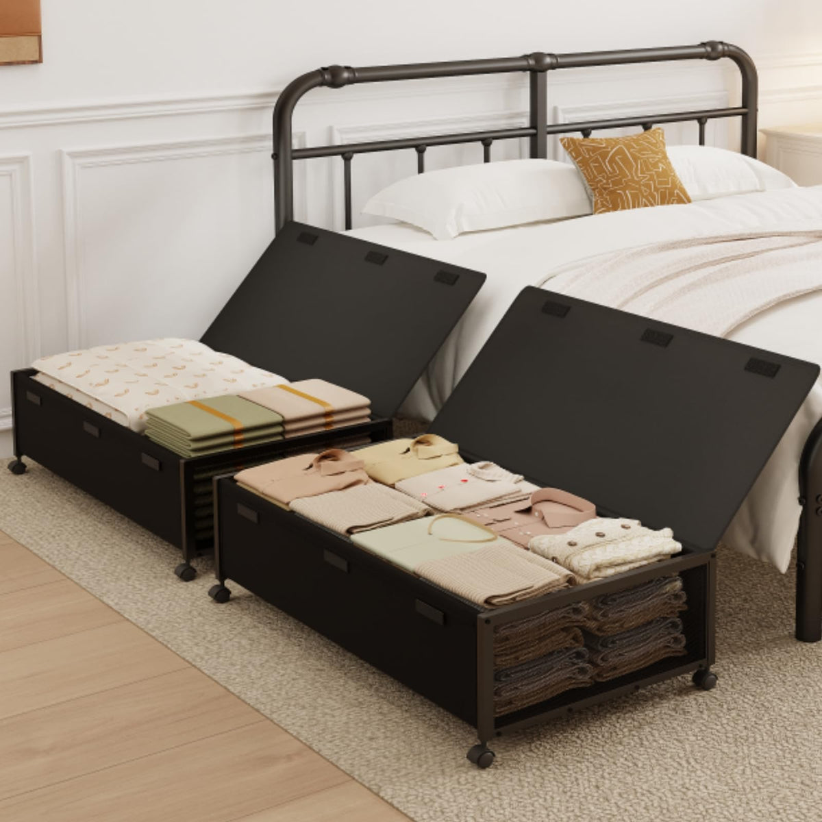 Fokyfok 2-Pack Rolling Under-Bed Storage Bins with Lids