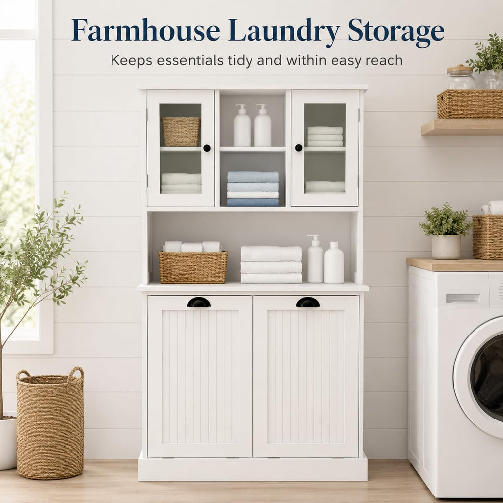 Laundry Hamper Cabinet with 2 Tilt-Out Bins and Adjustable Shelves