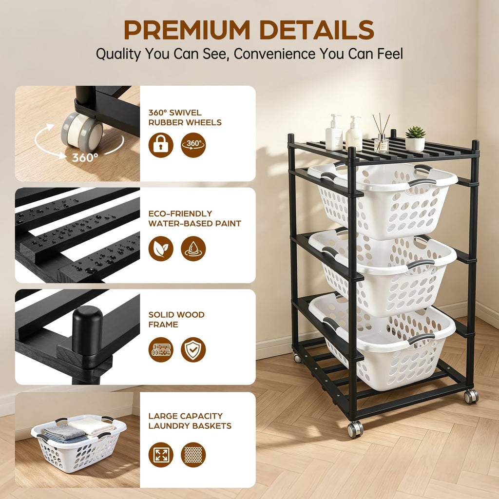 Laundry Basket Holder Storage Shelf with 4 Baskets (1.25 Bushel)