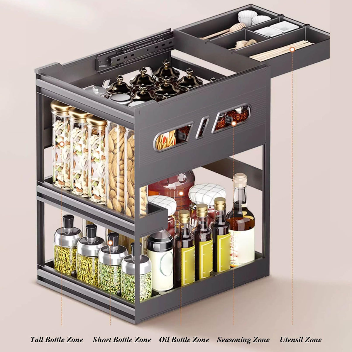 XAWSOP 3 Tier Black Pull Out Cabinet Organizer with Dividers - MultiUse Slide Out Storage Container for Kitchen, Pantry, Cupboard Bins, Bathroom, Vanity Makeup, Under Sink,450mm Cabinet