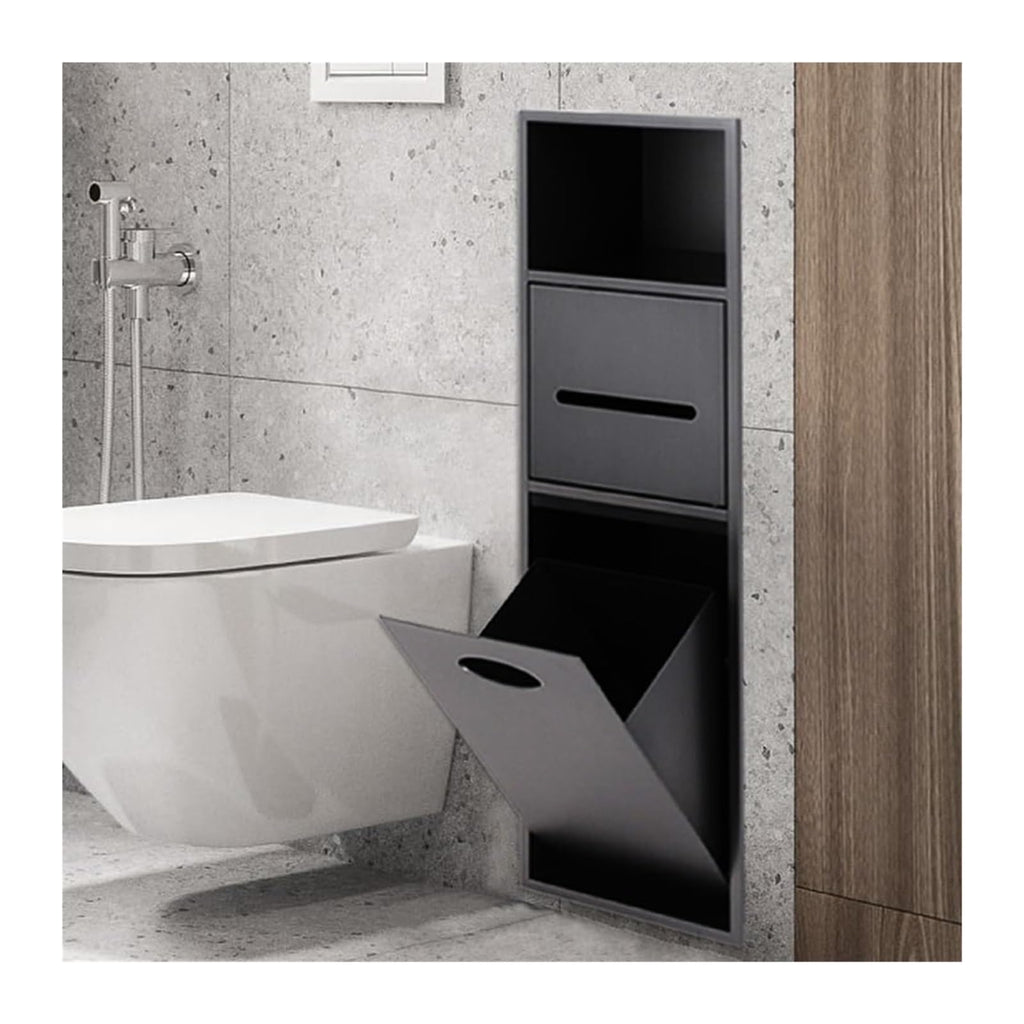Stainless Steel Waterproof Shower Rack Wall Mounted Bathroom Storage Tile Paper Trash Can for Shampoo Toiletries (Black Finish)
