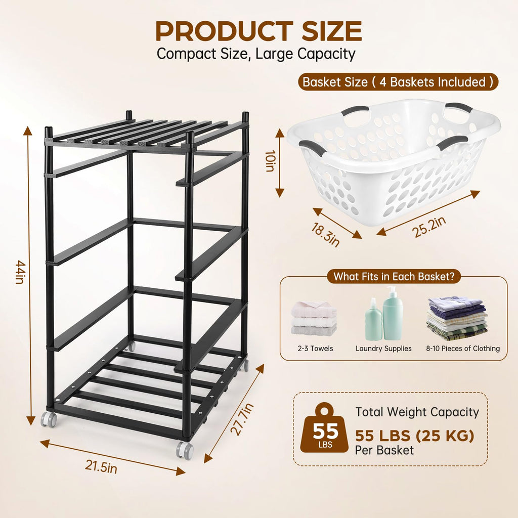 Laundry Basket Holder Storage Shelf with 4 Baskets (1.25 Bushel)
