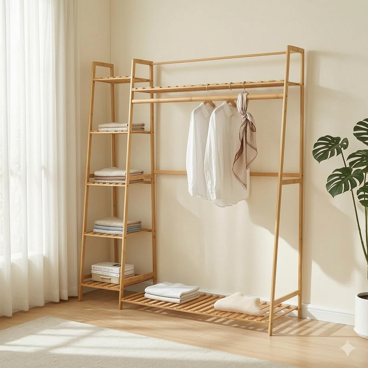 Fonowx Clothing Rack Bamboo Garment Organizer Wardrobe Stand Coat Hanger With Side Shelves And Bottom Slats For Space Saving Storage Suitable for bedroom entryway apartment