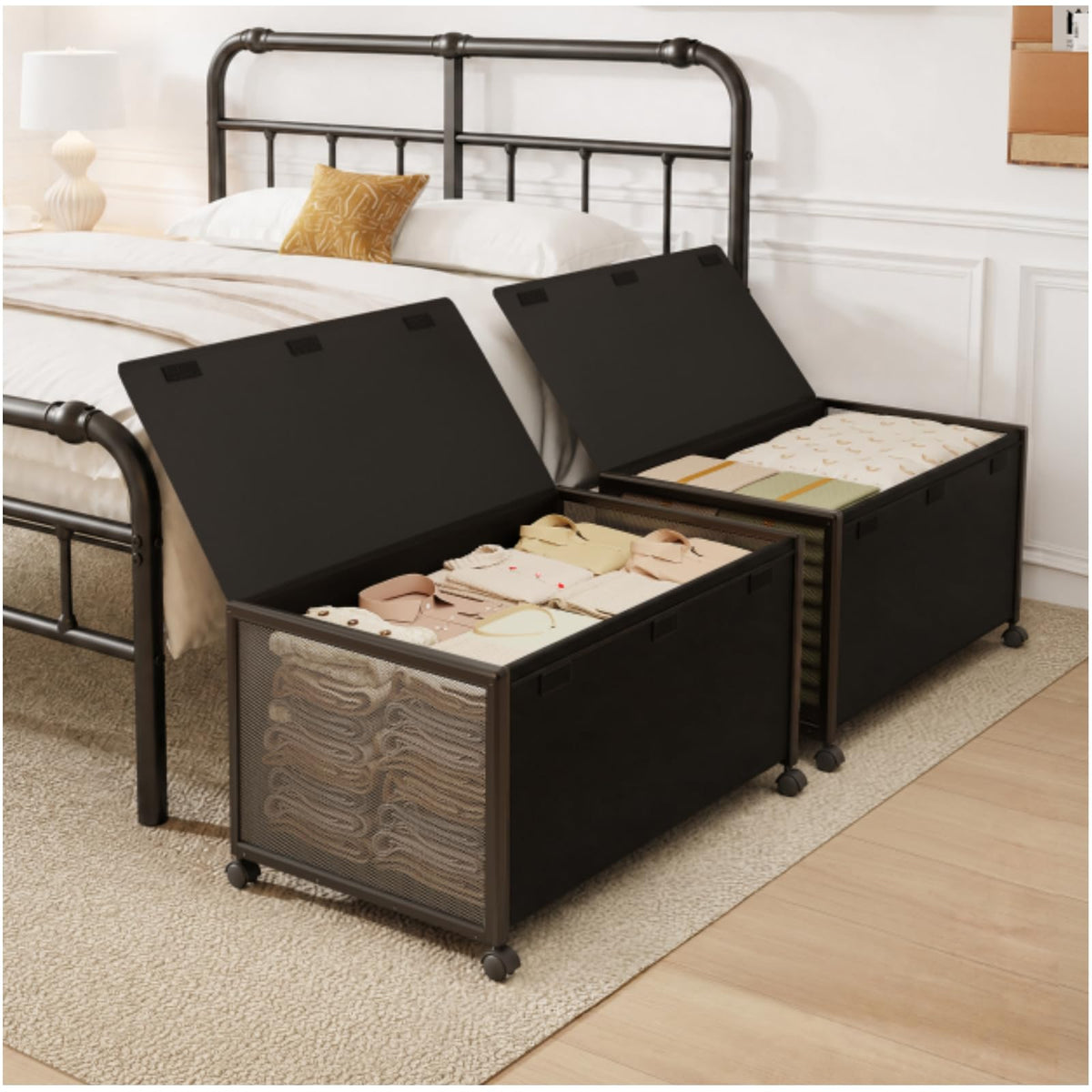 Fokyfok 2-Pack Rolling Under-Bed Storage Bins with Lids
