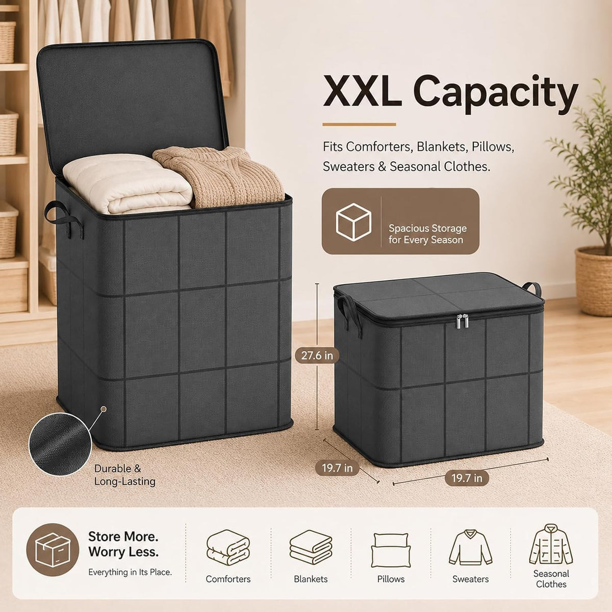 Extra Large 210l Fabric Storage Tote with Zipper,Foldable Closet Organizer for Quilts,Bedding,and Moving (3-Pack,Xxl)