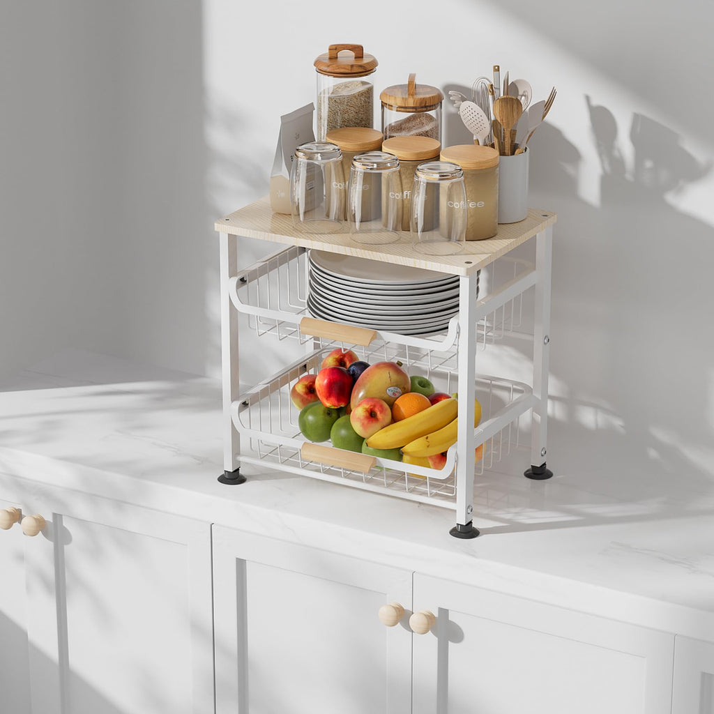 NiuYichee Fruit Basket Kitchen Pantry Organizers and Storage - Wooden Top Table,Pullable Metal Wire Basket Stand Cart for Fruit Vegetable Snacks Jars Bins Containers Organization