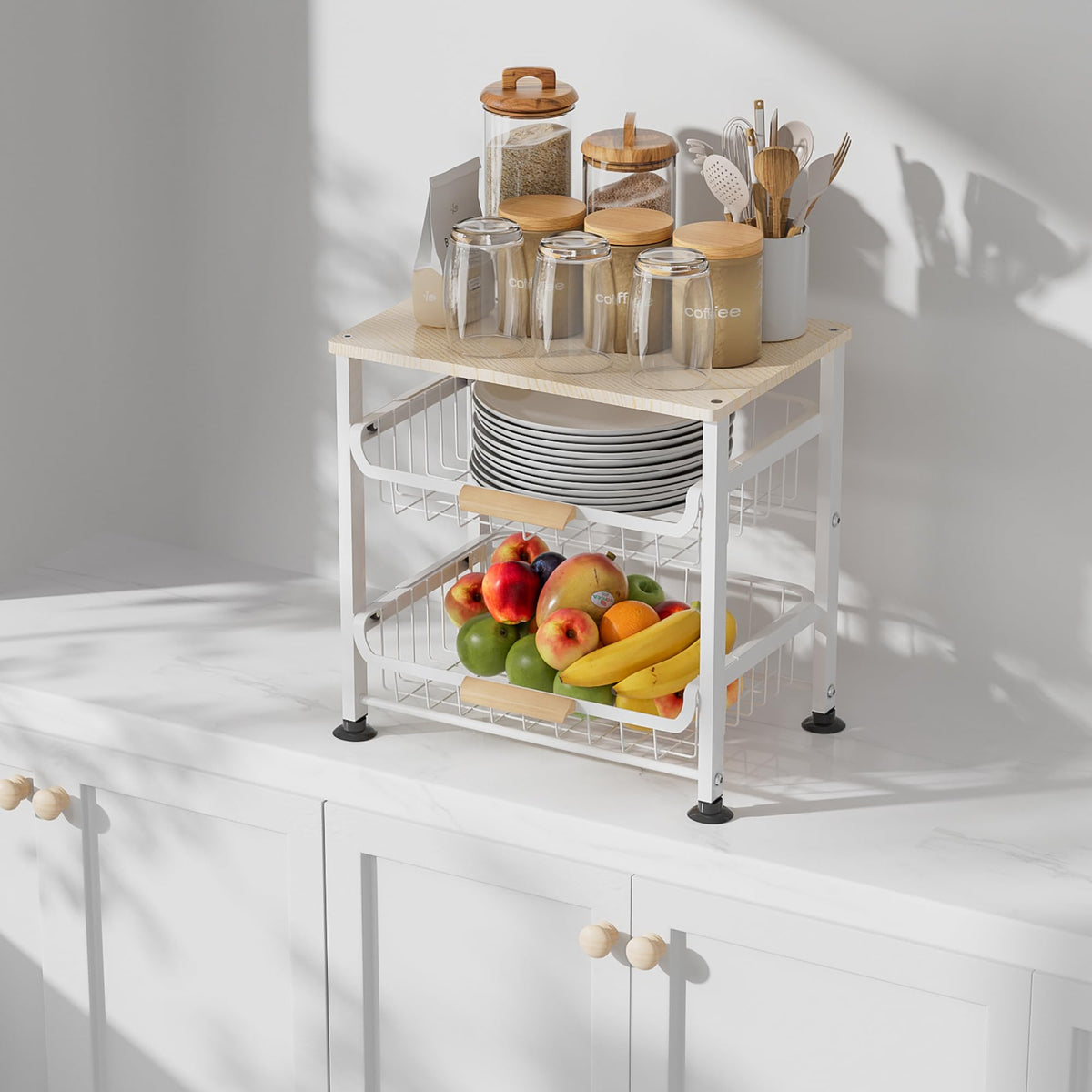 NiuYichee Fruit Basket Kitchen Pantry Organizers and Storage - Wooden Top Table,Pullable Metal Wire Basket Stand Cart for Fruit Vegetable Snacks Jars Bins Containers Organization