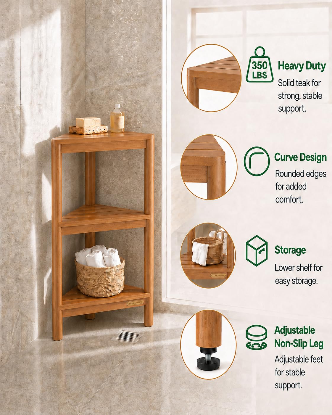 TEAK VALLEY Fully Assembled Teak Corner Shower Shelf, Shower Caddy 26.5"