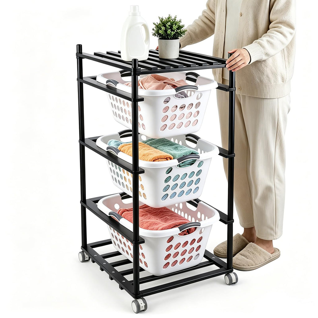 Laundry Basket Holder Storage Shelf with 4 Baskets (1.25 Bushel)