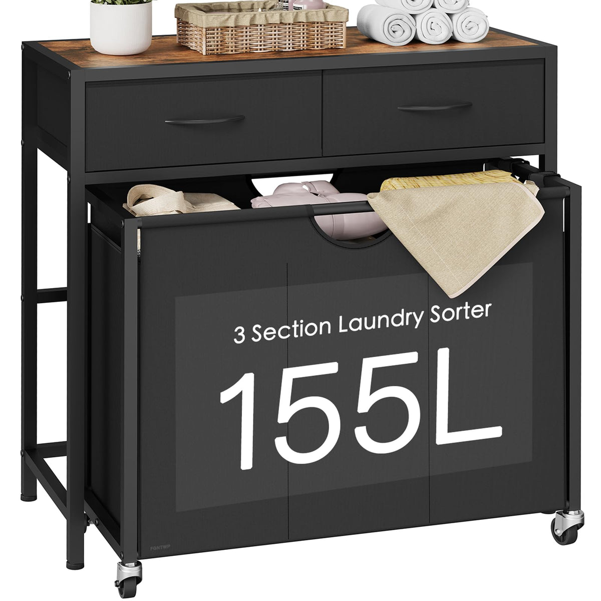 3-Section Rolling Laundry Sorter with 2 Drawers & Wheels