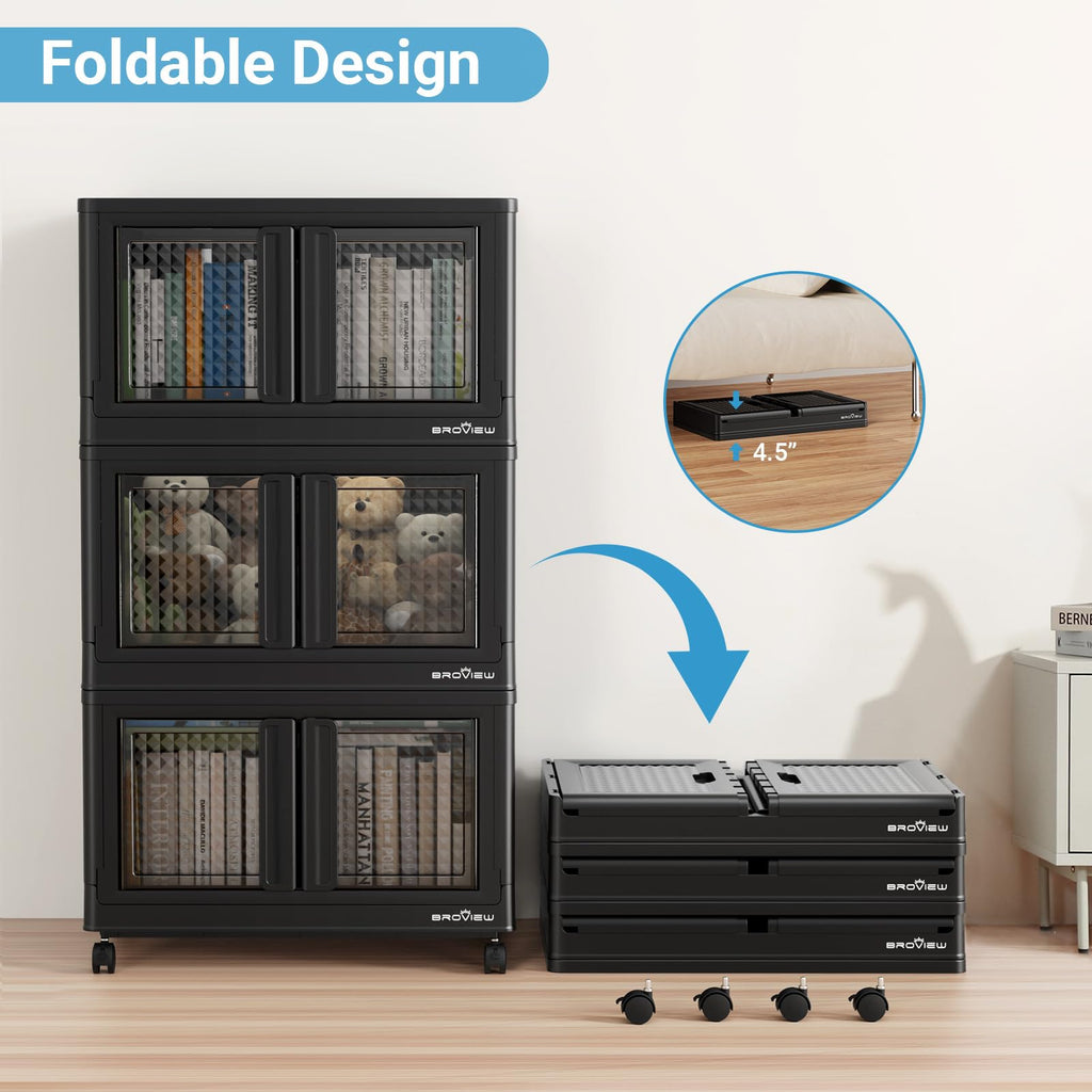 BROVIEW Stackable Storage Bins with Lids, Closet Organizers and Storage Drawer, Plastic Collapsible Storage Bins with Doors, Heavy Duty Store Box Cabinet for Home Kitchen