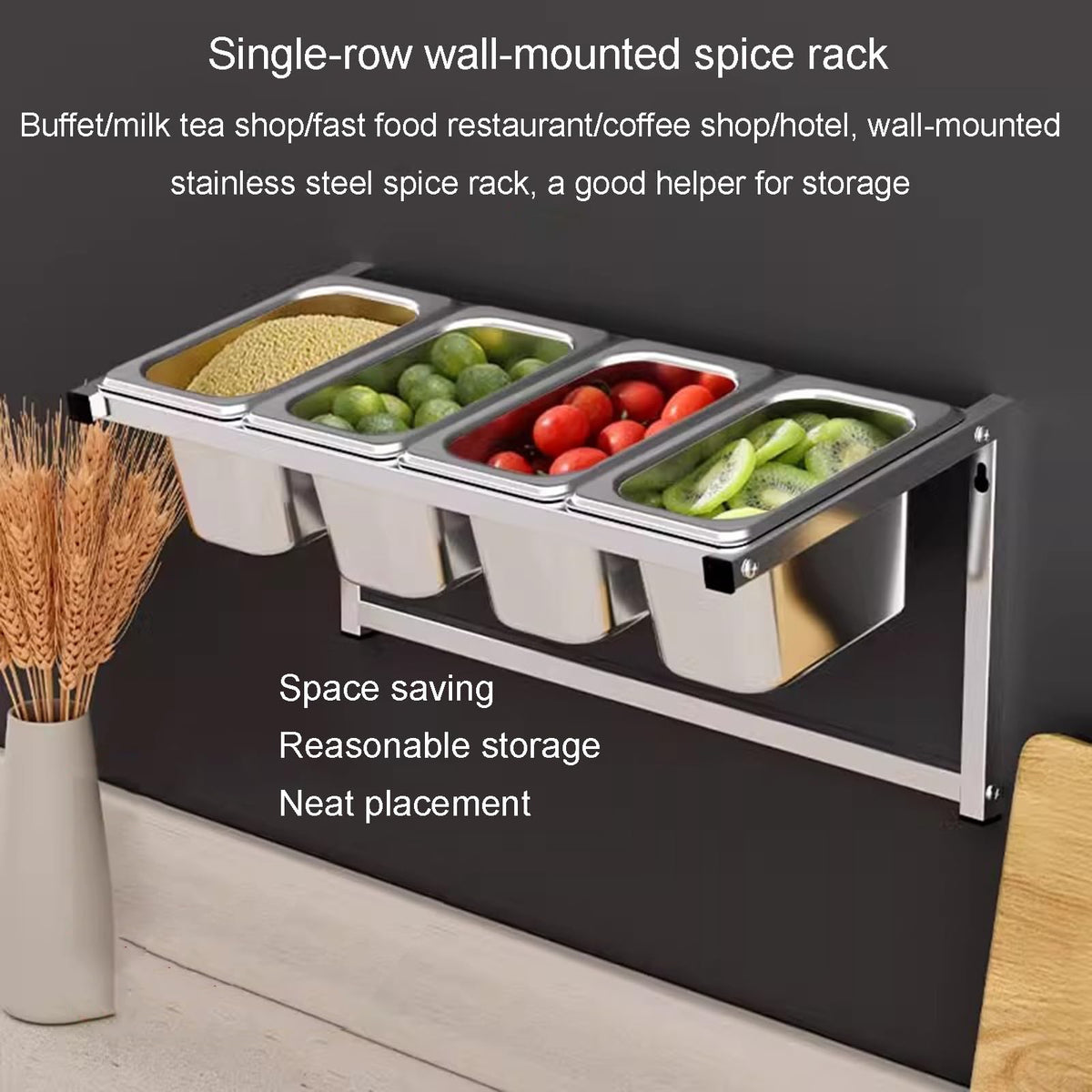 LXBAMKEA Wall-Mounted Commercial Spice Rack Set, Stainless Steel Condiment Racks Organizer Shelf for Kitchen Buffet Restaurant, Seasoning Ingredients Fruits Food Container