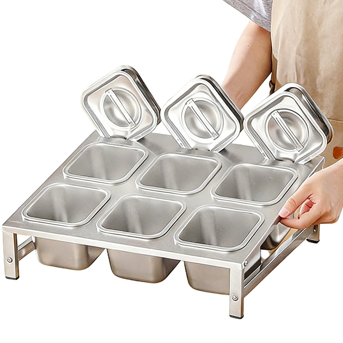 304 Stainless Steel Pizza Topping Station, 2-Tier Condiment Tray with Lids & Spoons, Kitchen Counter Organizer for Spices & Toppings, Restaurant & Home Use