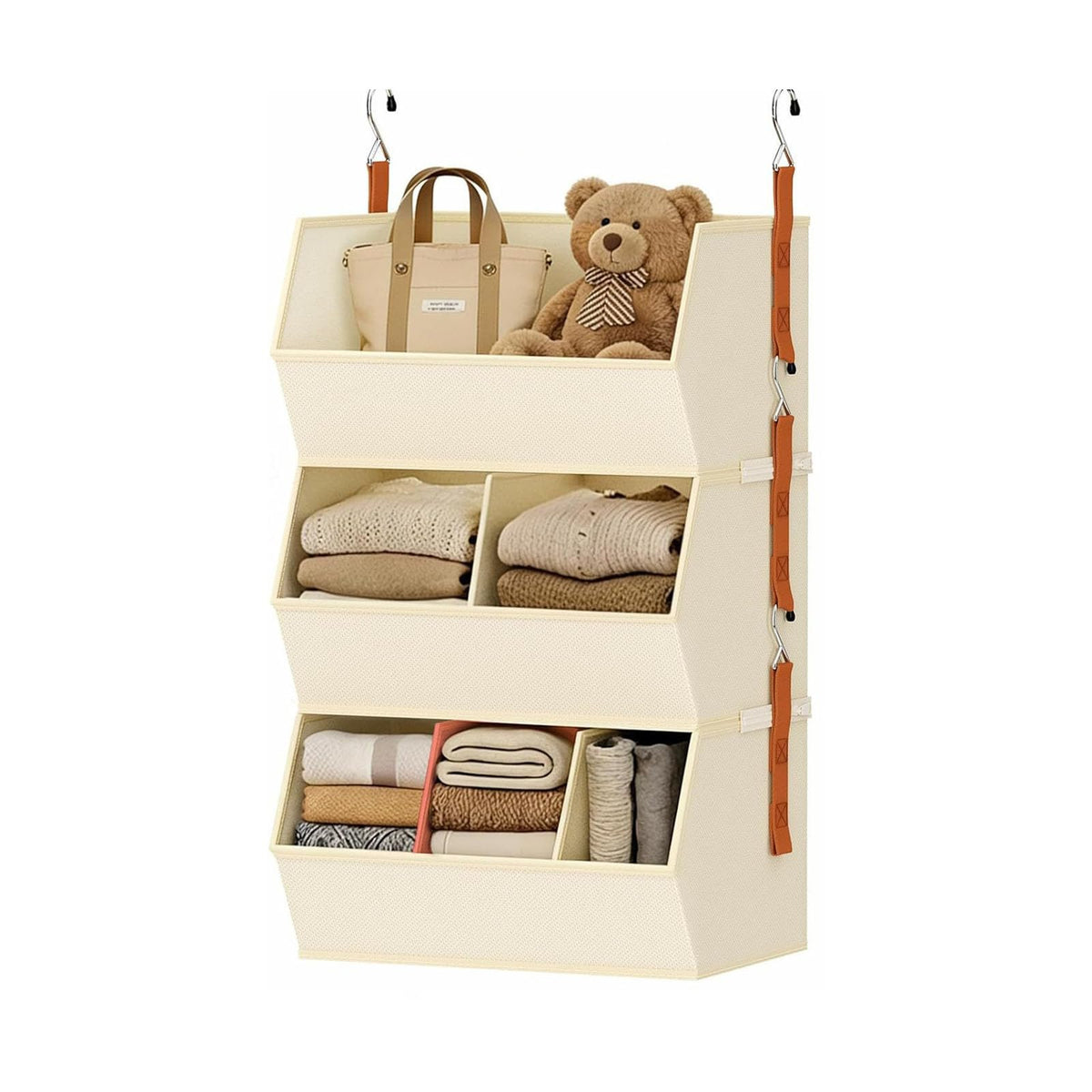 sodeber Fabric Hanging Closet Organizer with Reinforced PP Boards and Metal Hooks Space Saving Vertical Wardrobe Storage Shelves for Clothes Sweaters and Household Organization