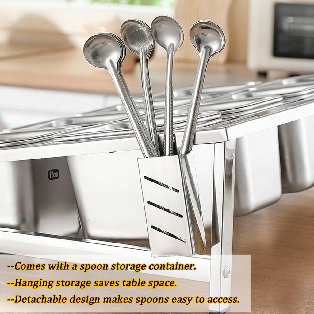 304 Stainless Steel Pizza Topping Station, 2-Tier Condiment Tray with Lids & Spoons, Kitchen Counter Organizer for Spices & Toppings, Restaurant & Home Use