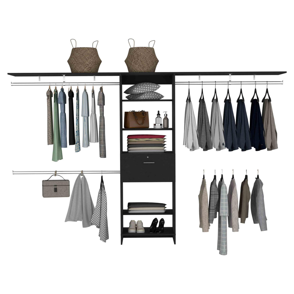 GMASONHK Black Closet Organizer System - 3 Hanging Rods, 5 Shelves, 1 Drawer for Bedroom and Wardrobe