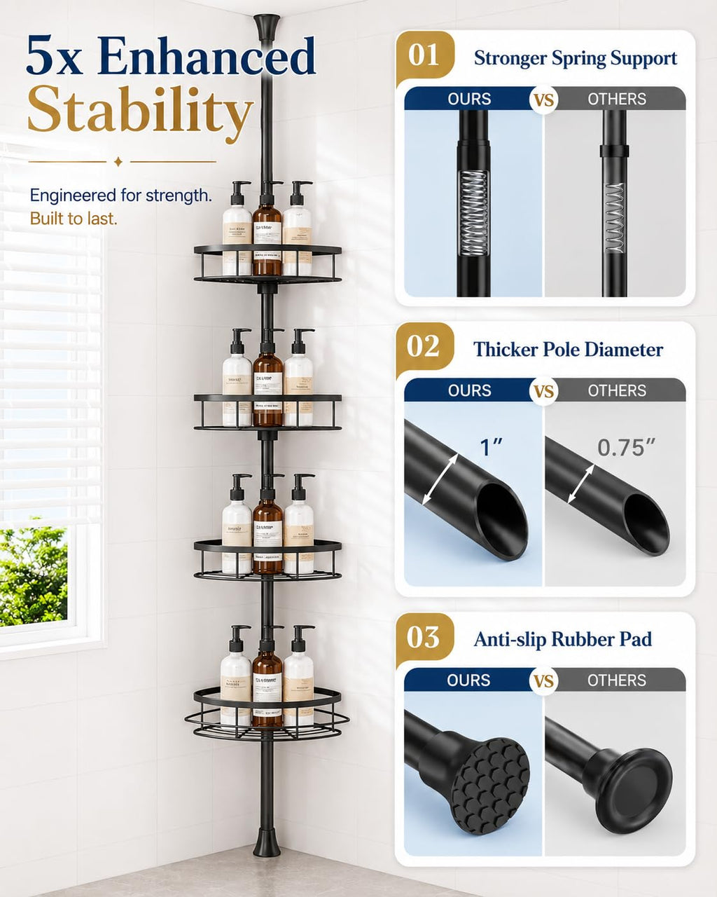 SEIRIONE Rustproof Corner Shower Caddy Tension Pole for Bathroom Organizers