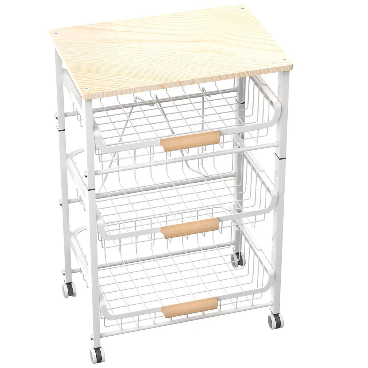 NiuYichee Fruit Basket Kitchen Pantry Organizers and Storage - Wooden Top Table,Pullable Metal Wire Basket Stand Cart for Fruit Vegetable Snacks Jars Bins Containers Organization