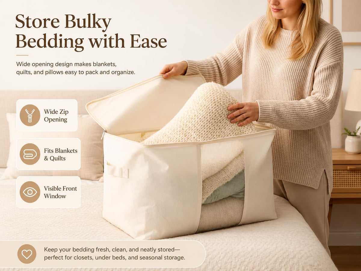 DoYiKe Soft Large Canvas Comforter Storage Bags with Zipper and Clear Window, Cotton Linen Storage Organizer for Sweater, Comforter, Blankets, Quilt, Pillows and Bedding