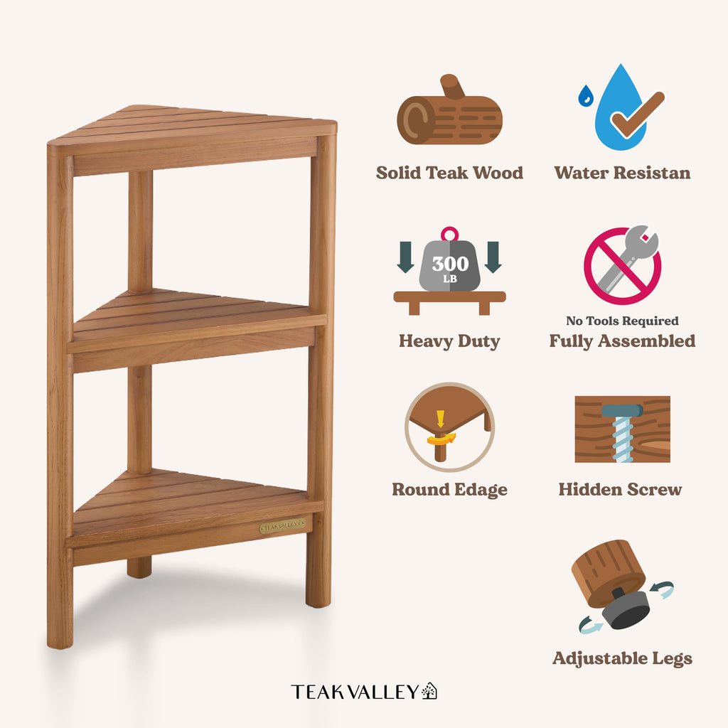 TEAK VALLEY Fully Assembled Teak Corner Shower Shelf, Shower Caddy 26.5"