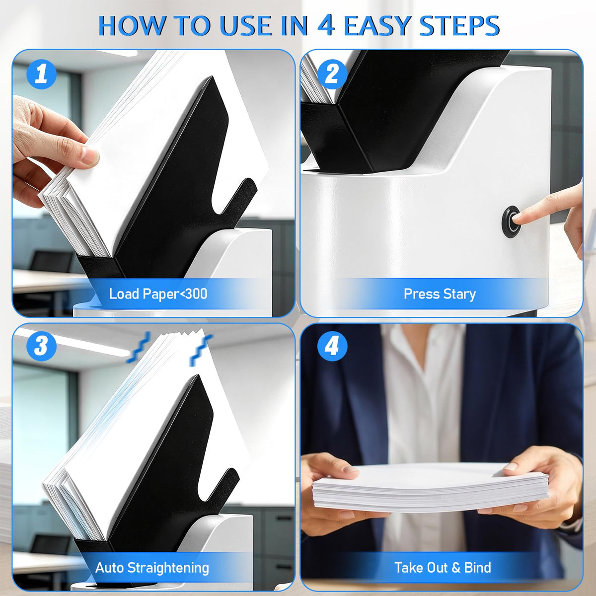 Automatic Desktop Paper Jogger for Desk Organization, 300 Sheet Capacity, 5s Fast Document Alignment, 18,000 RPM Wind Force and 6,000 RPM Vibration Anti Static & Non-Stick for A4/A5/A6/Letter Sizes