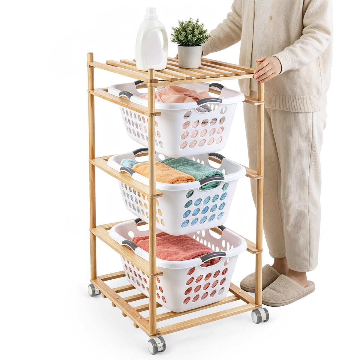 Laundry Basket Storage Shelf with 4 Baskets, 1.25 Bushel