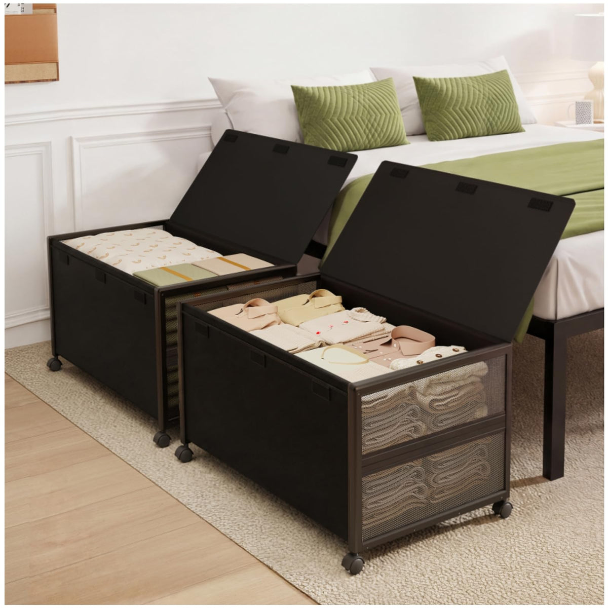 Fokyfok 2-Pack Rolling Under-Bed Storage Bins with Lids