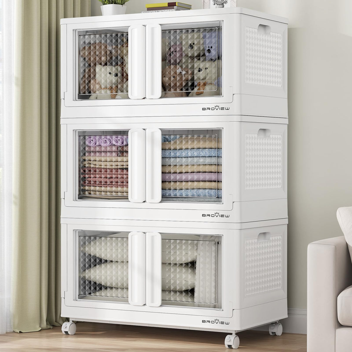 BROVIEW Stackable Collapsible Storage Bins with Lids & Doors