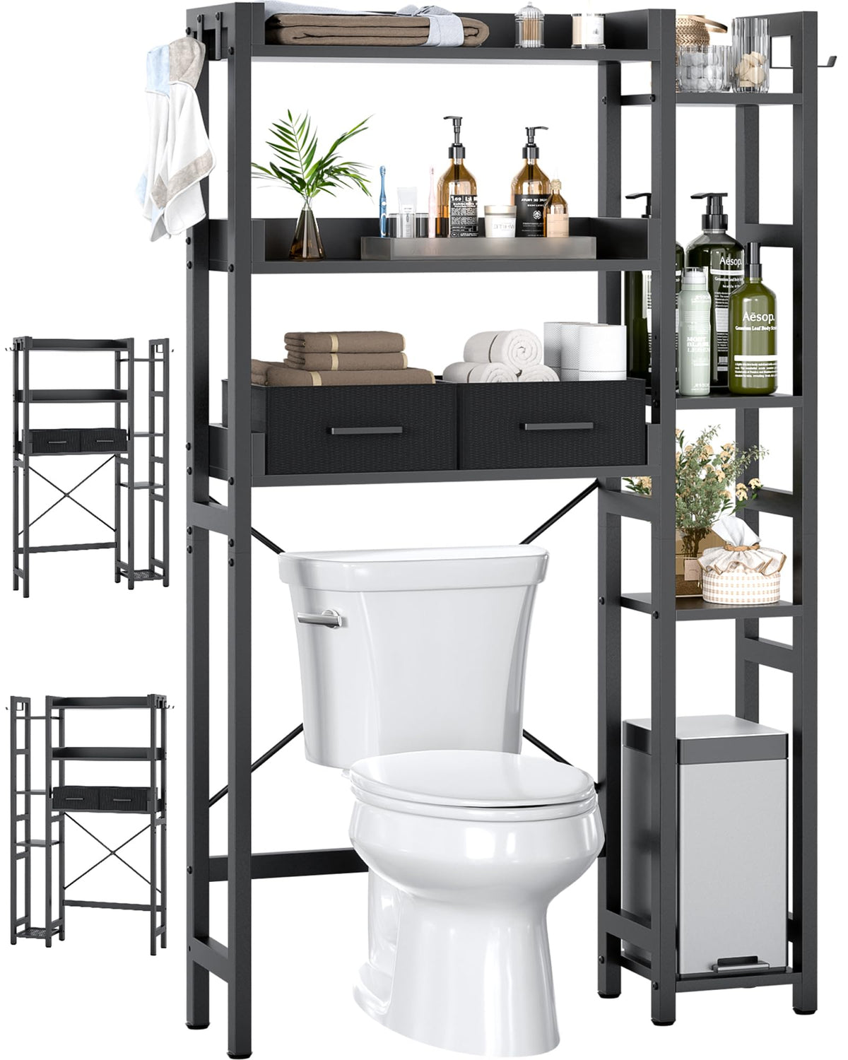 Besiost Over The Toilet Storage with 2 Drawers, Bathroom Organizer with Adjustable Shelf, Space Saver Storage Rack for Bathroom, Restroom, Laundry