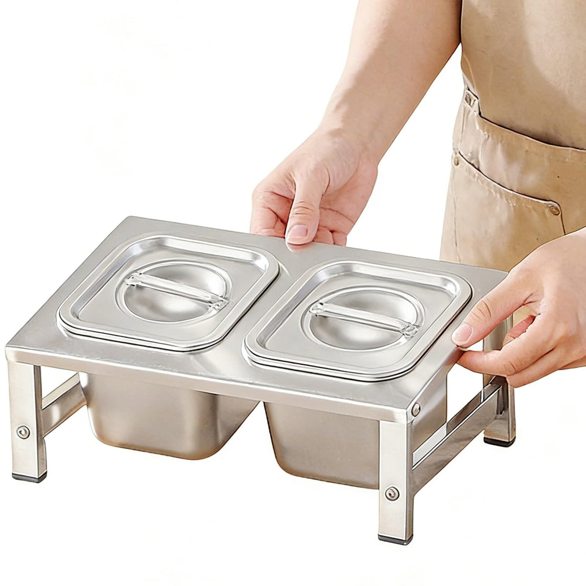 304 Stainless Steel Pizza Topping Station, 2-Tier Condiment Tray with Lids & Spoons, Kitchen Counter Organizer for Spices & Toppings, Restaurant & Home Use