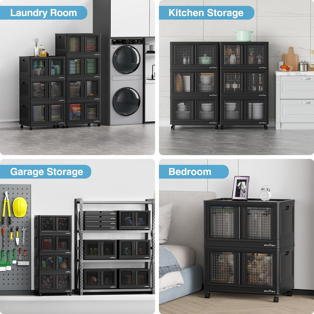 BROVIEW Stackable Storage Bins with Lids, Closet Organizers and Storage Drawer, Plastic Collapsible Storage Bins with Doors, Heavy Duty Store Box Cabinet for Home Kitchen
