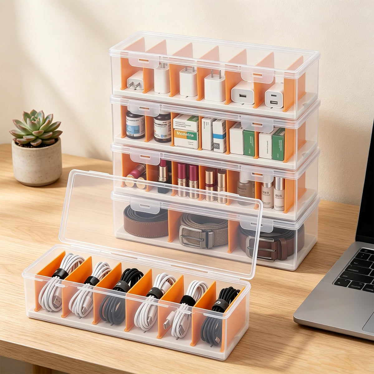 VZZNN 5-Pack Clear Cable Organizer Box with Adjustable Dividers