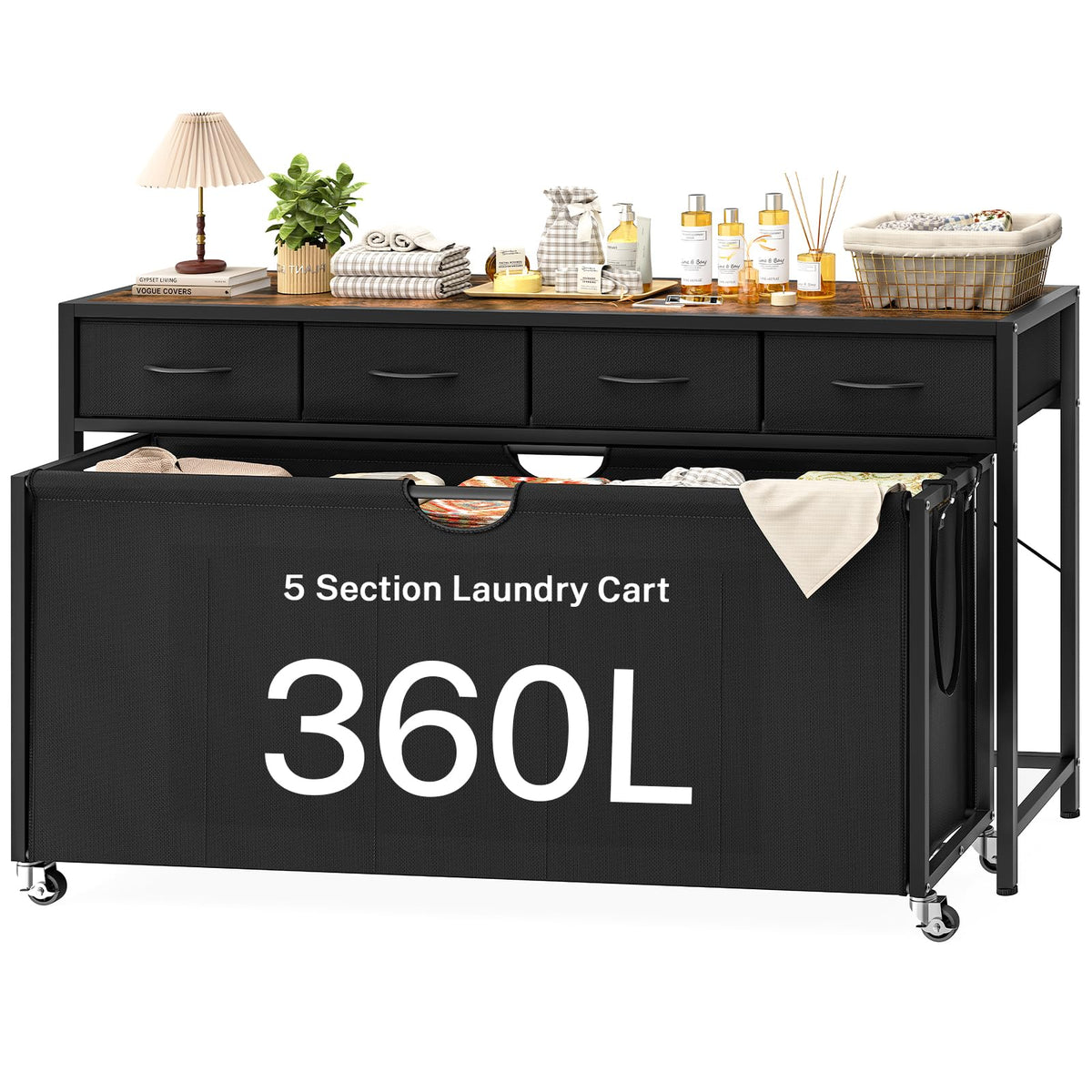 3-Section Rolling Laundry Sorter with 2 Drawers & Wheels