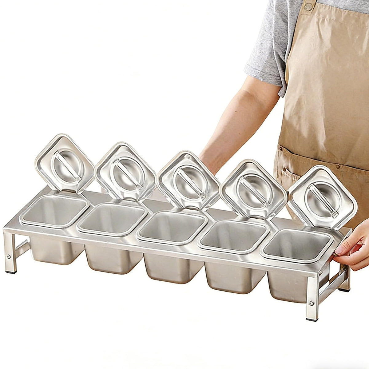 304 Stainless Steel Pizza Topping Station, 2-Tier Condiment Tray with Lids & Spoons, Kitchen Counter Organizer for Spices & Toppings, Restaurant & Home Use