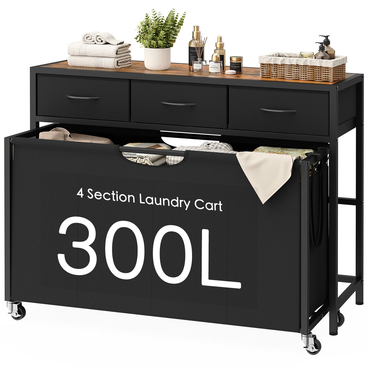 3-Section Rolling Laundry Sorter with 2 Drawers & Wheels