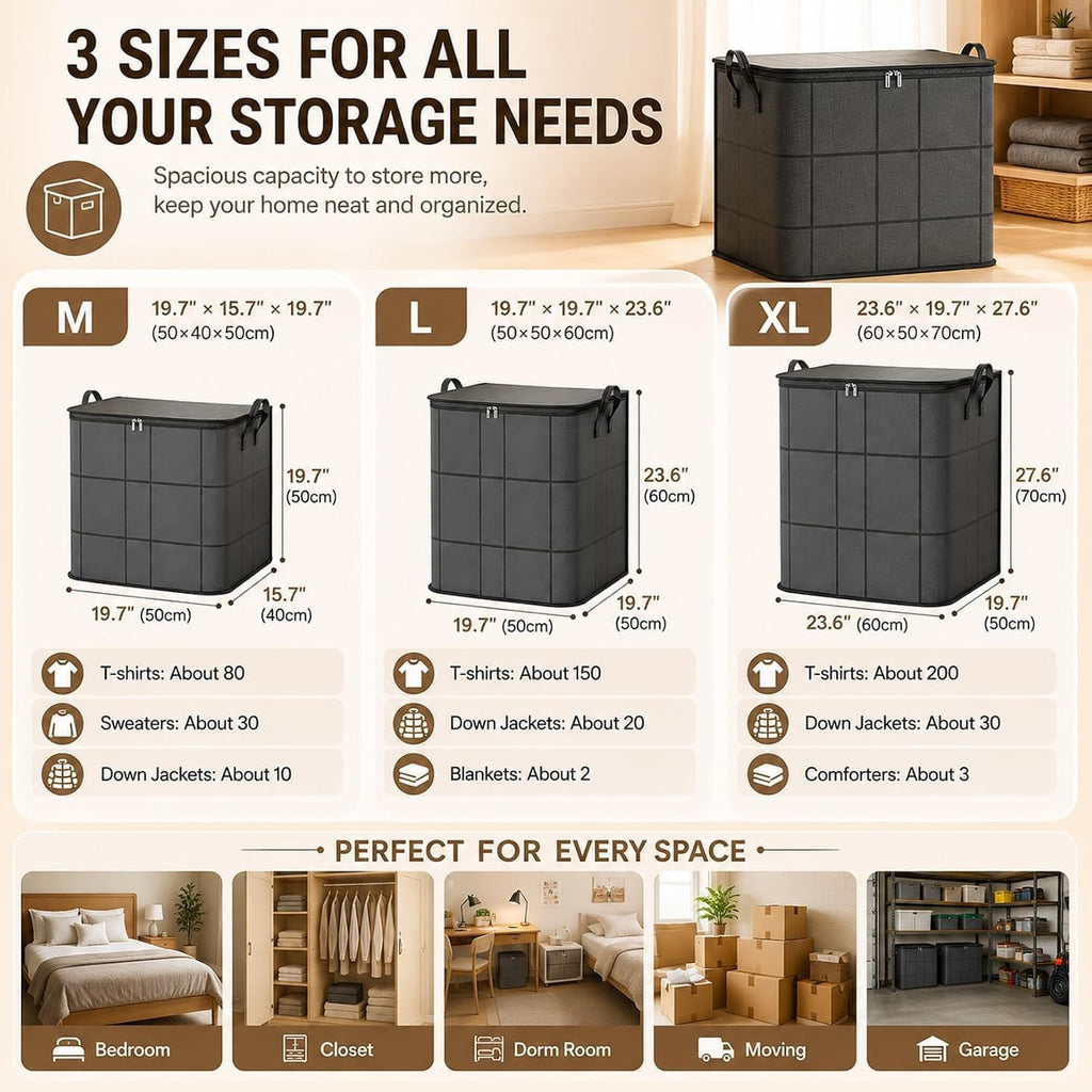 Extra Large 210l Fabric Storage Tote with Zipper,Foldable Closet Organizer for Quilts,Bedding,and Moving (3-Pack,Xxl)