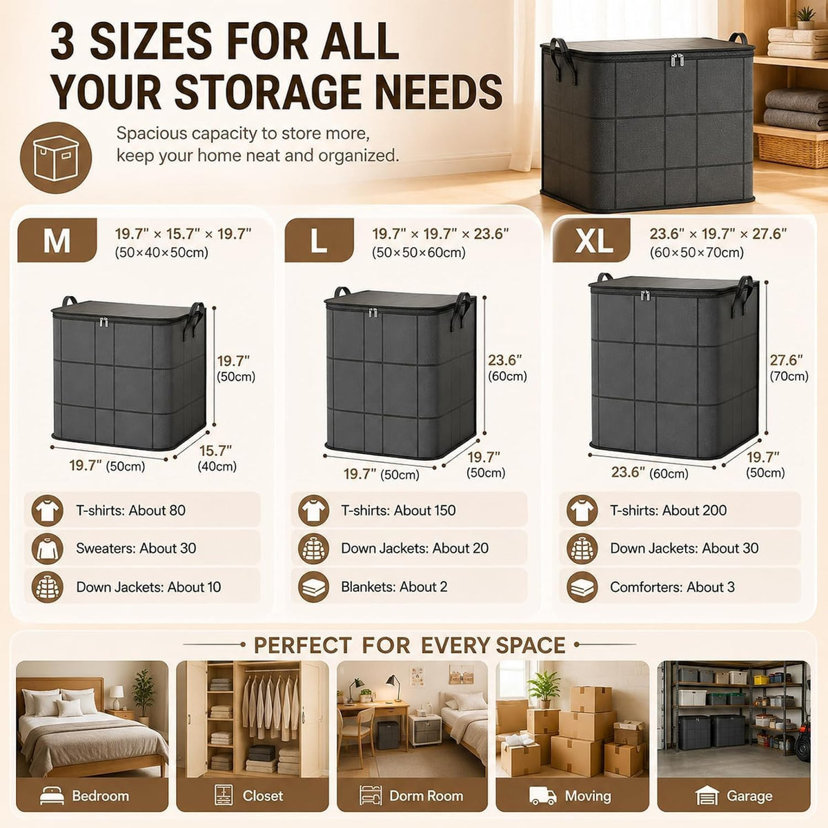 Extra Large 210l Fabric Storage Tote with Zipper,Foldable Closet Organizer for Quilts,Bedding,and Moving (3-Pack,Xxl)
