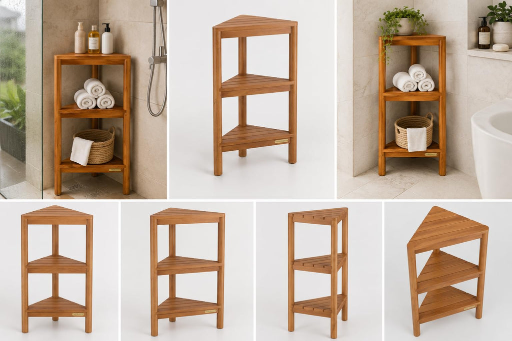 TEAK VALLEY Fully Assembled Teak Corner Shower Shelf, Shower Caddy 26.5"