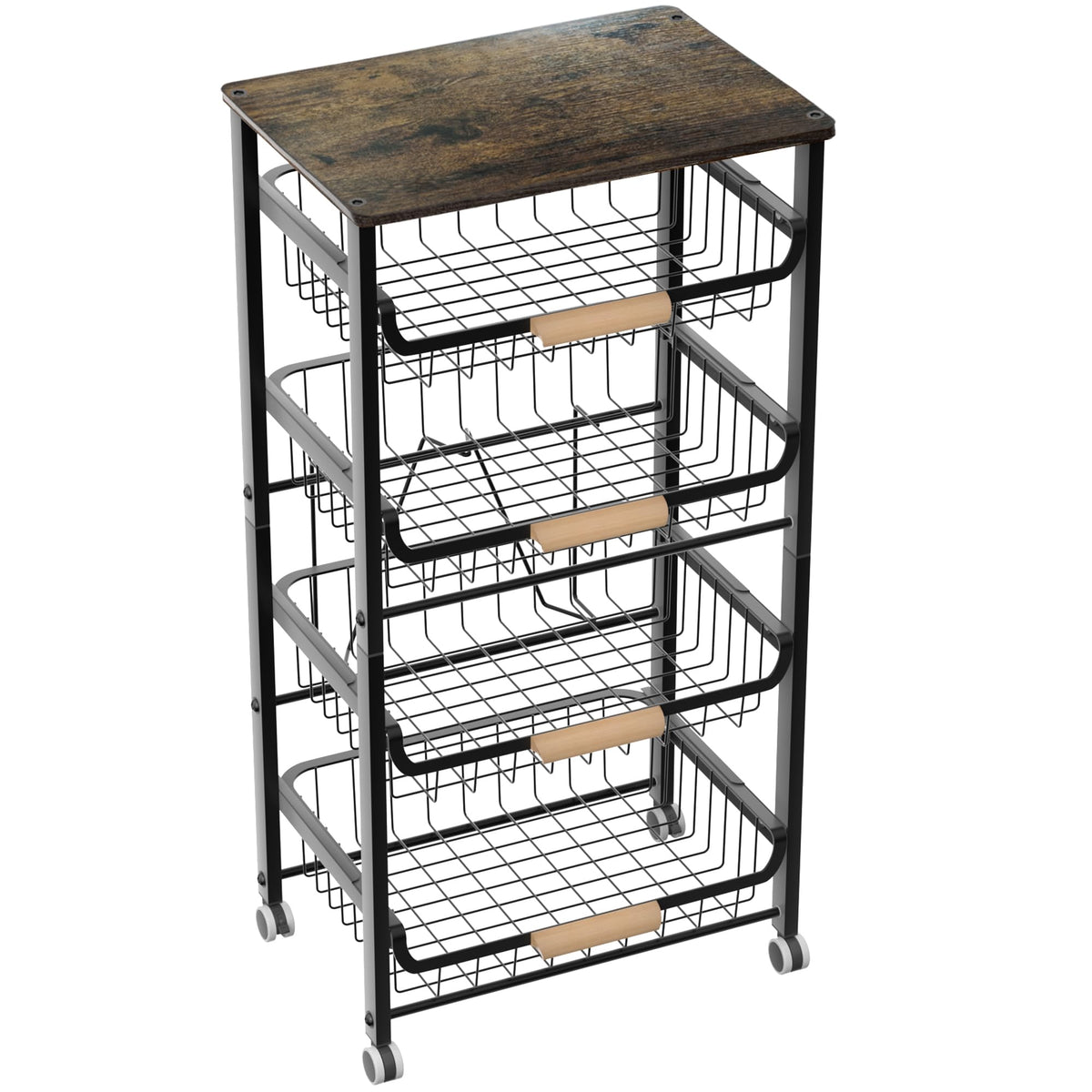 NiuYichee Fruit Basket Kitchen Pantry Organizers and Storage - Wooden Top Table,Pullable Metal Wire Basket Stand Cart for Fruit Vegetable Snacks Jars Bins Containers Organization
