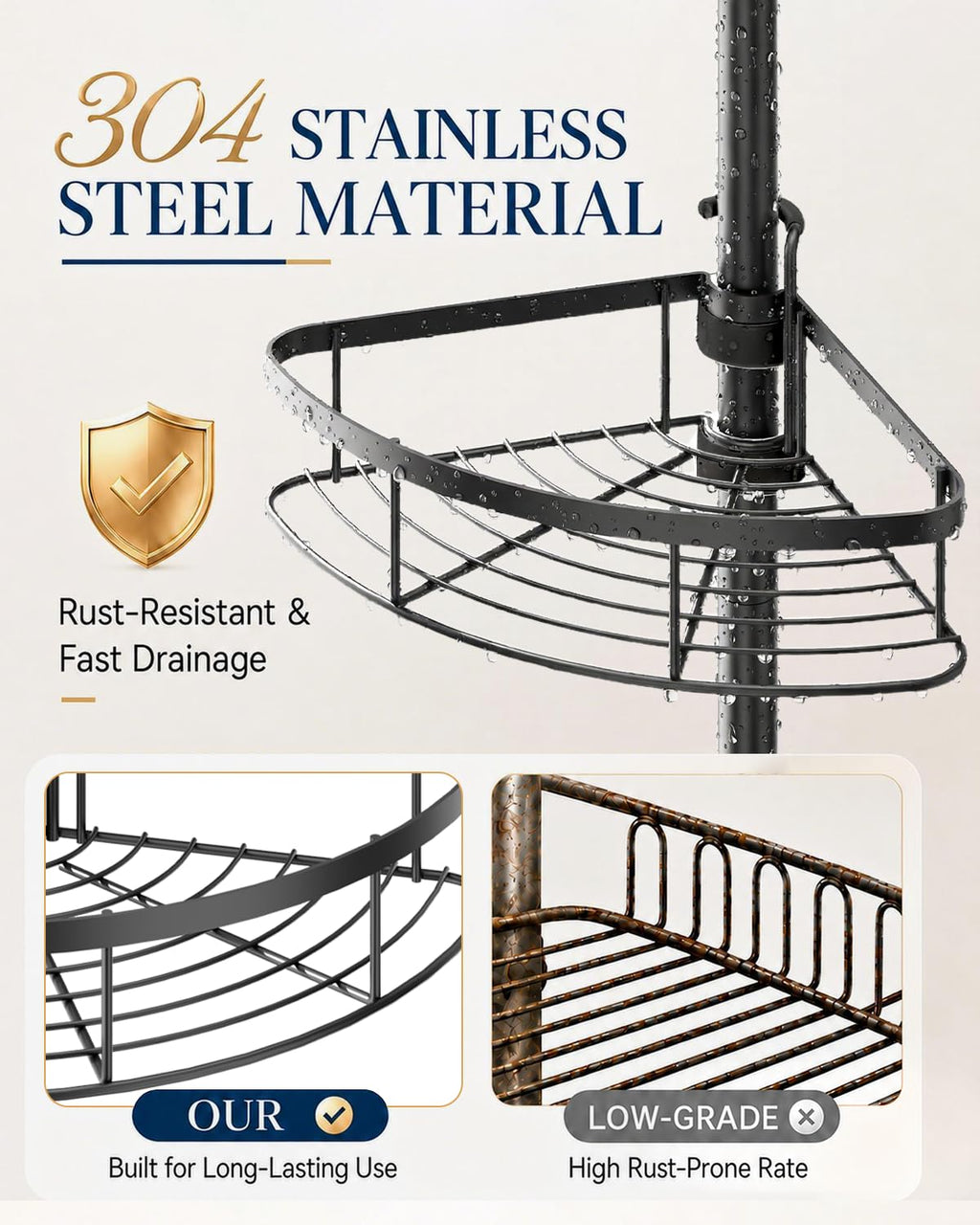 SEIRIONE Rustproof Corner Shower Caddy Tension Pole for Bathroom Organizers