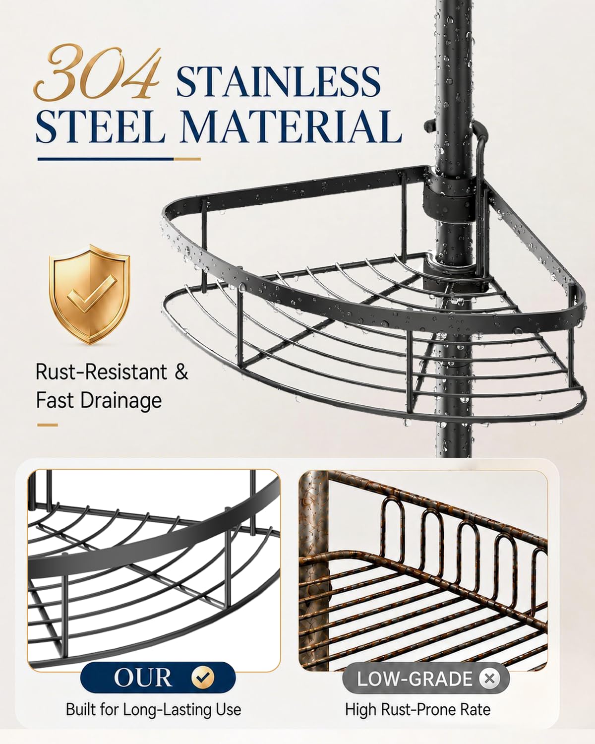 SEIRIONE Rustproof Corner Shower Caddy Tension Pole for Bathroom Organizers