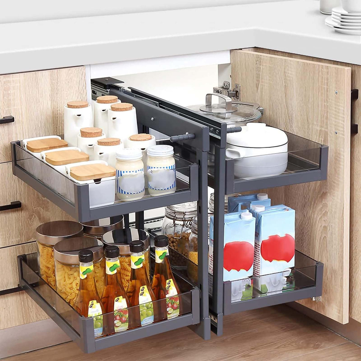 MIIKHI Kitchen Organizer Blind Corner Cabinet Tray 2 Tier Pull Out Cabinet Organizer Swing Pull Out Organizer Swing Tray Kitchen Cabinets for Kitchen Stainless Steel Double Layers Blind C